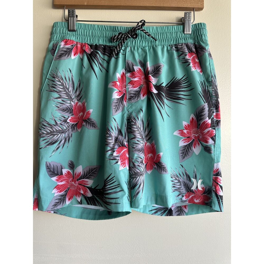 Hurley Swim Trunks Men’s Small Tropical Floral Board Shorts Aqua Green Hawaiian
